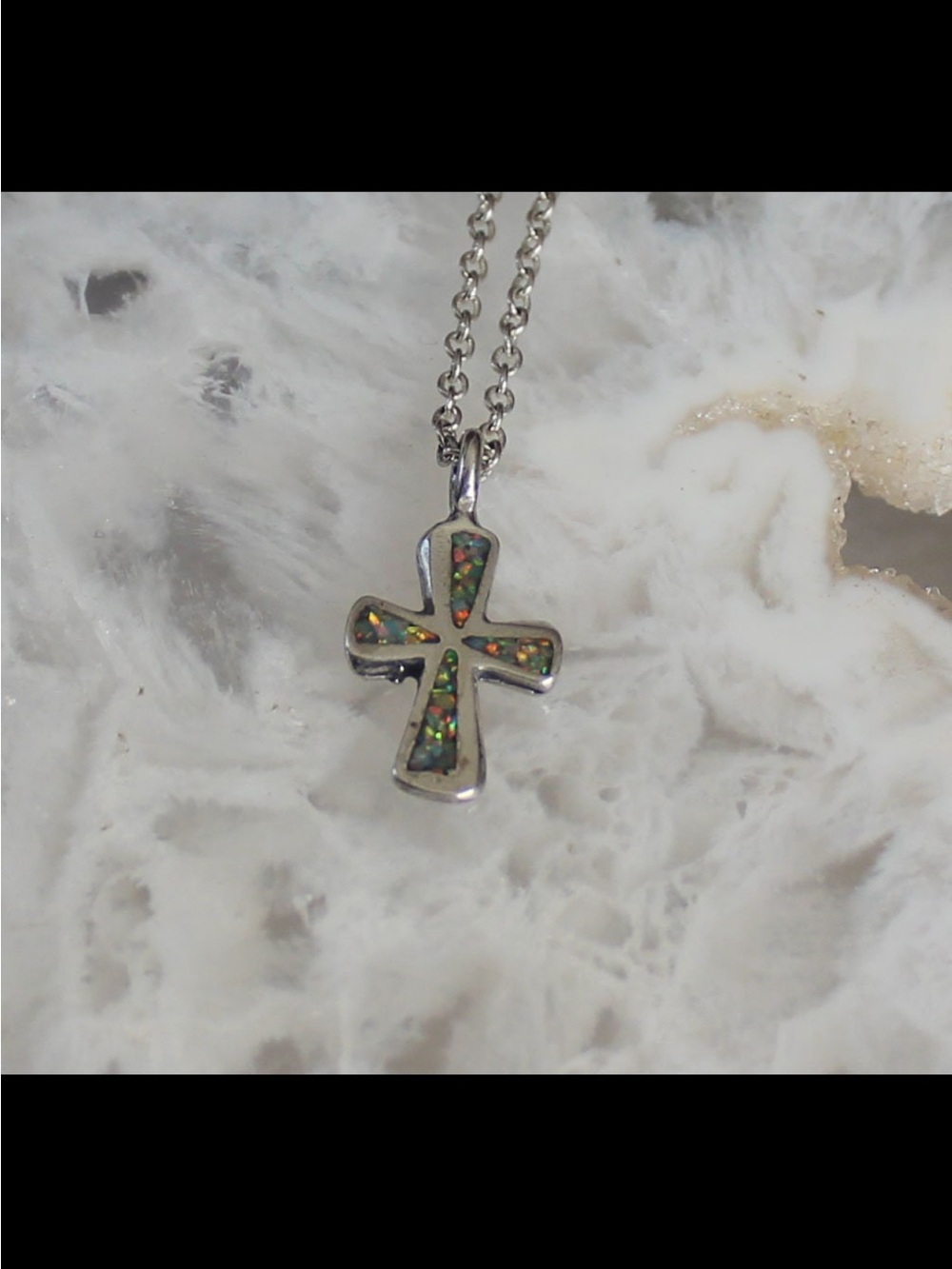 Silver Cross Pendant Necklace with Multicolor Opal Inlay